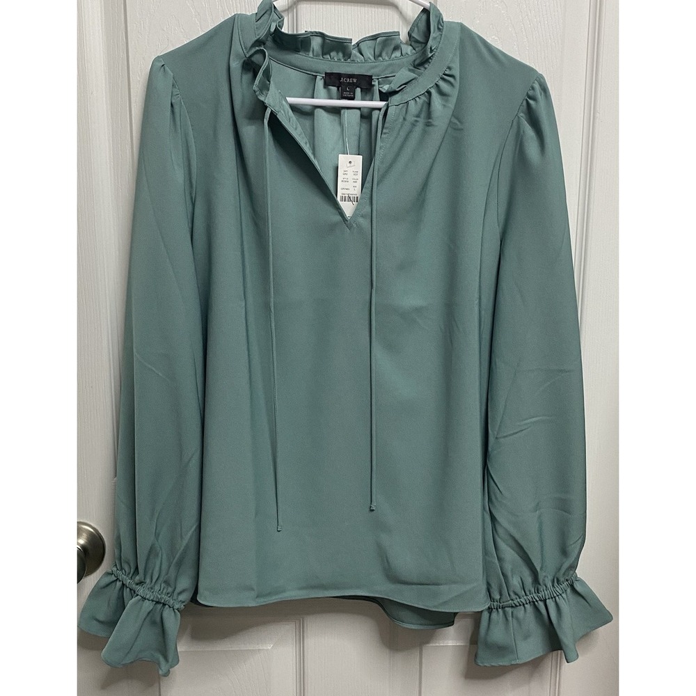 J.Crew Women Green Collar Long Sleeve Dressy Blouse Cuff Sleeve Lightweight L-NW